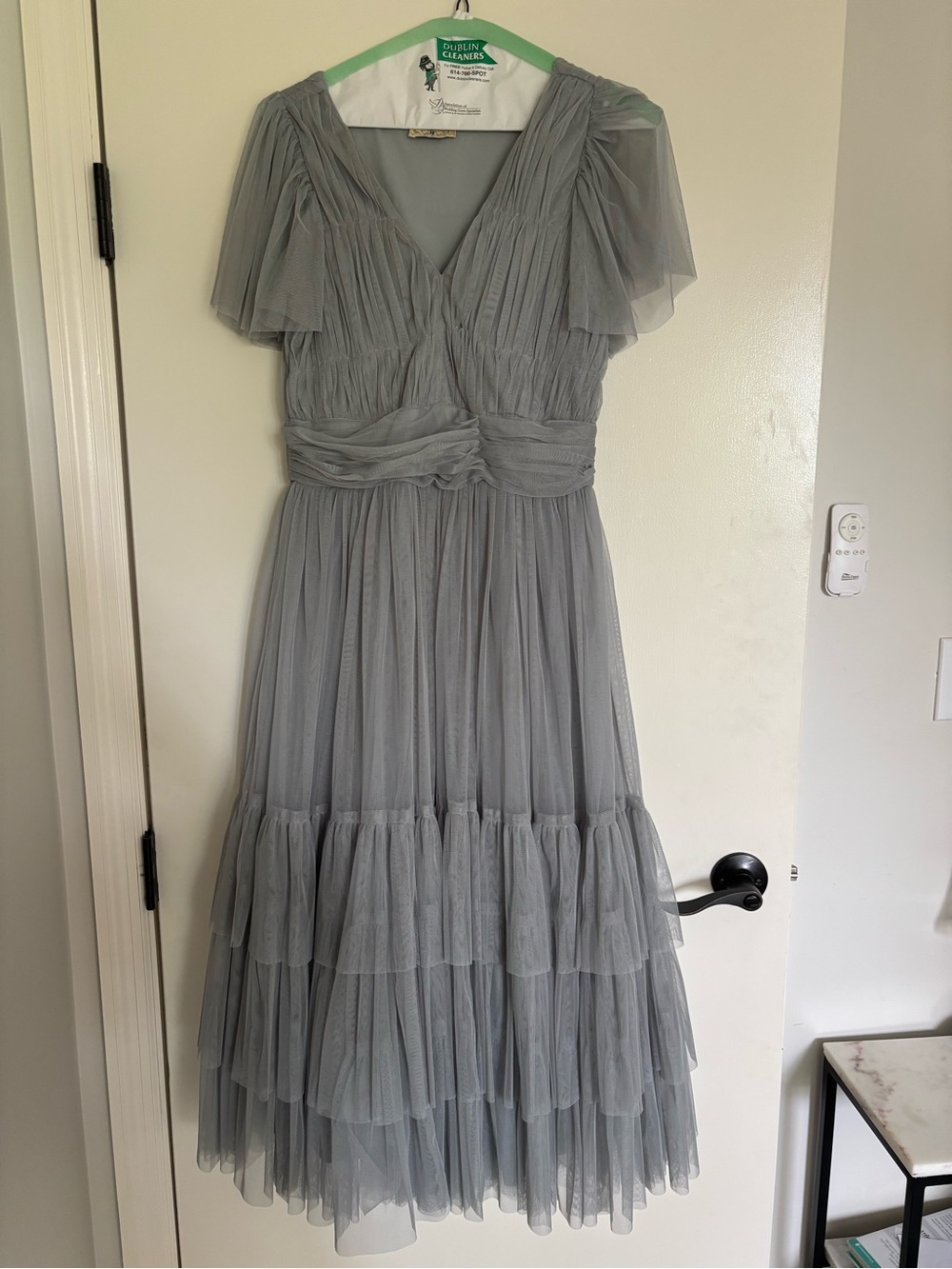 Lace & Beads - Dusty Blue Tiered Tulle Midi Dress - Picture 2 of 8